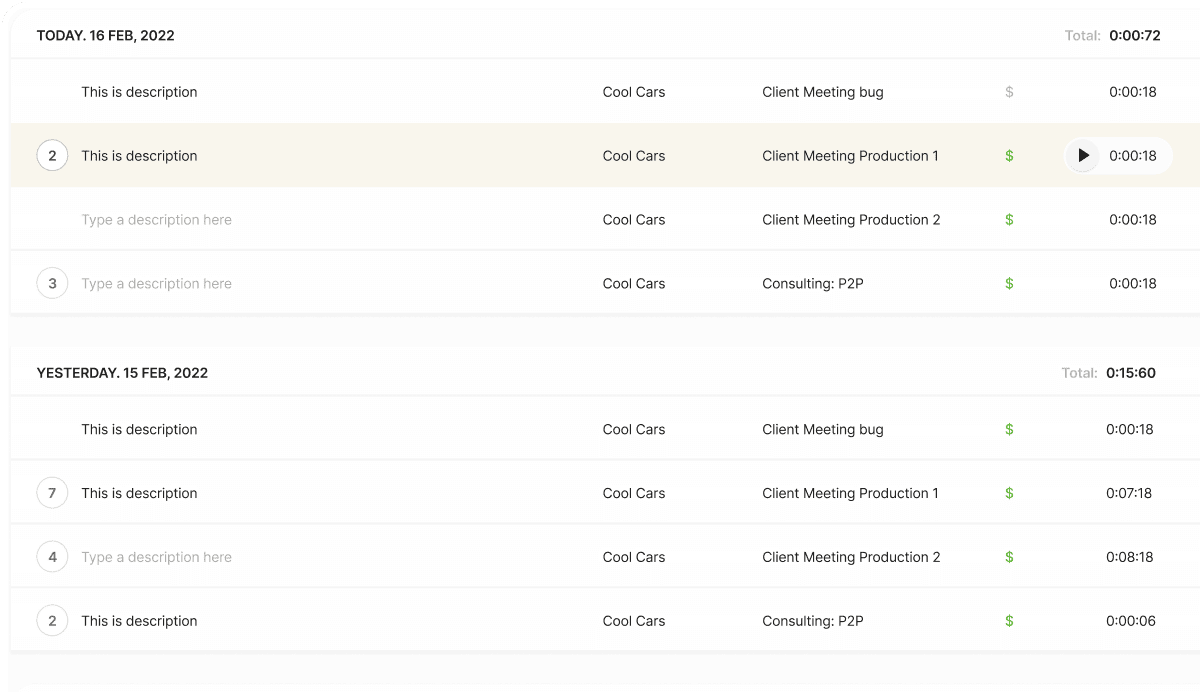 Billable and non-billable time tracking with support for team-based project entries