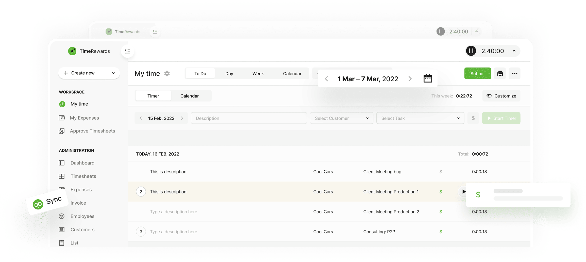 TimeRewards dashboard showcasing timesheet management, approvals, and productivity tools
